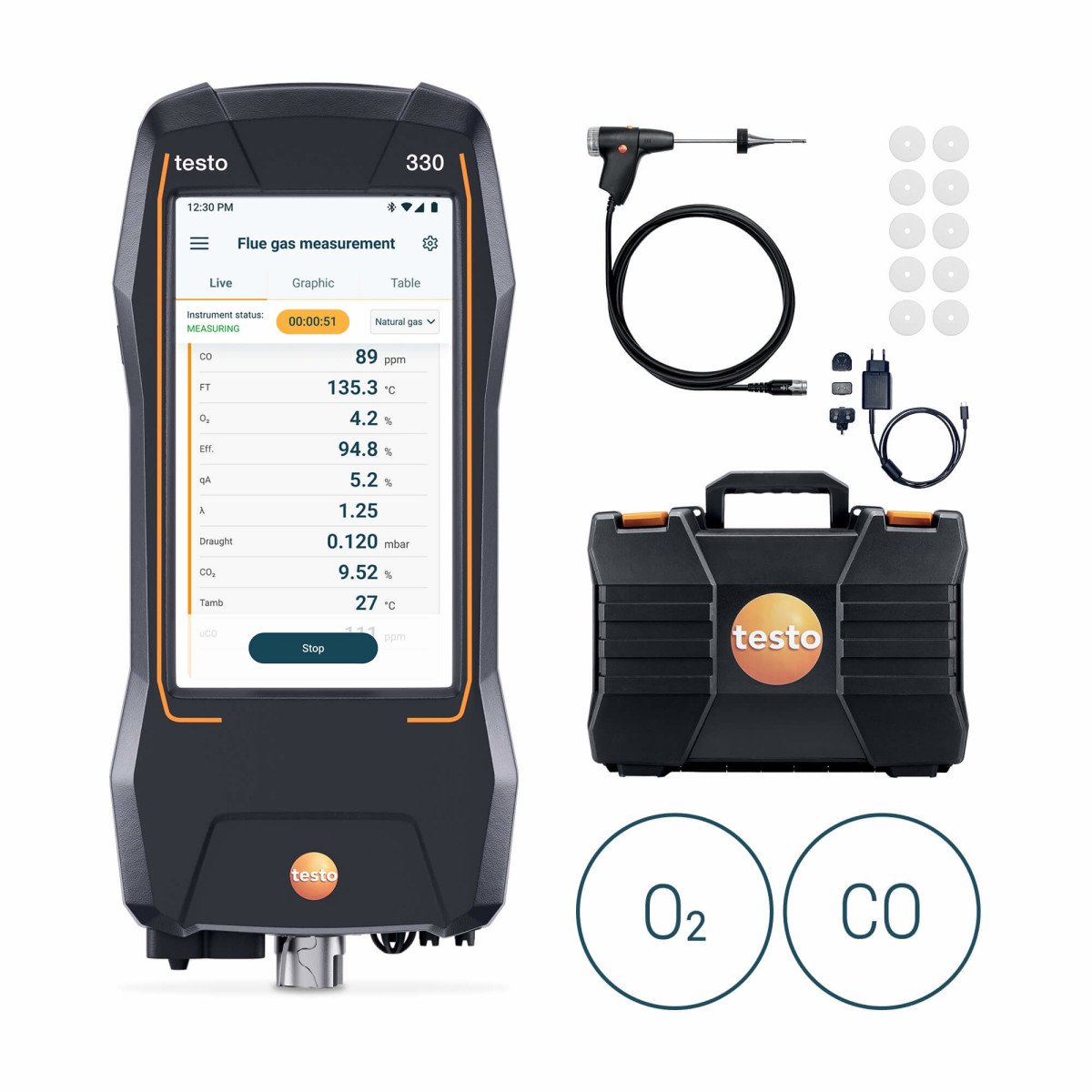 Testo 330 0564 3300 01 O₂ ir CO komplektas su zondu, lagaminu