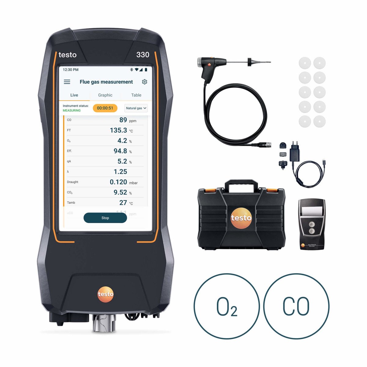 Testo 330 0564 3300 02 O₂ ir CO komplektas su zondu, lagaminu ir Bluetooth spausdintuvu