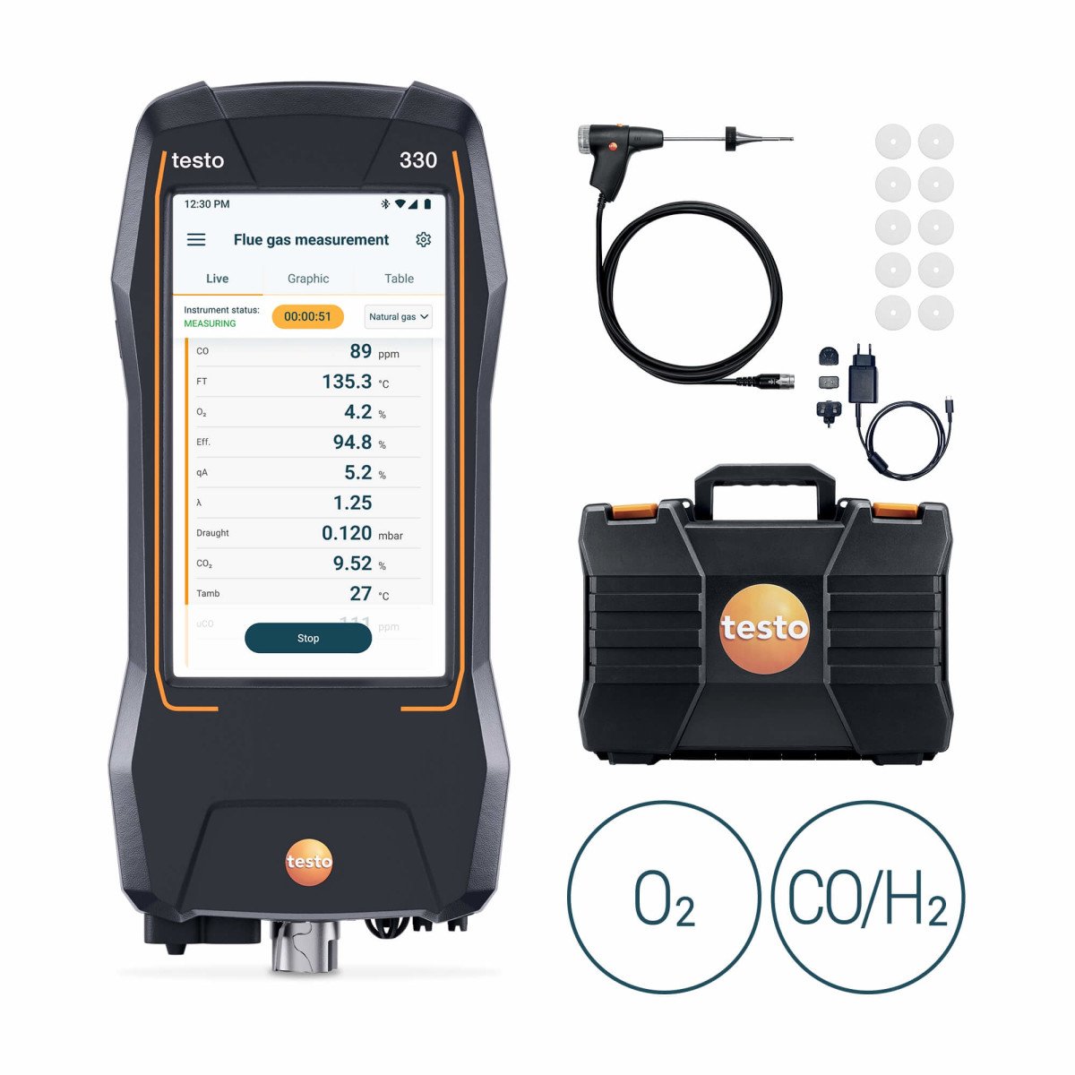 Testo 330 0564 3300 03 O₂ ir CO/H₂ komplektas su zondu, lagaminu