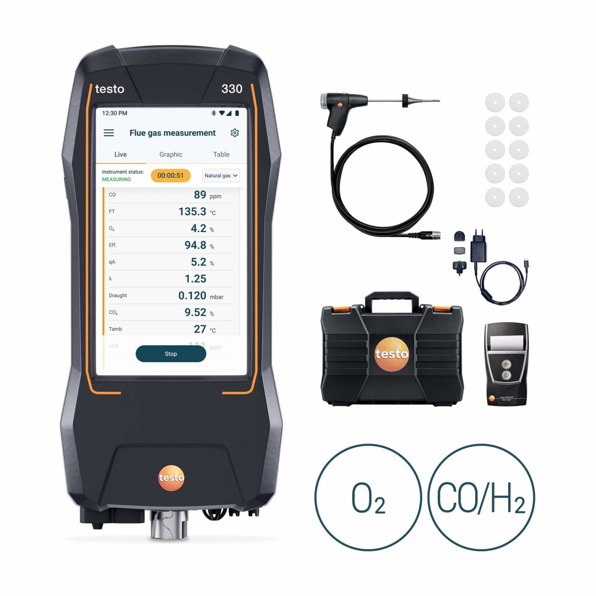 Testo 330 0564 3300 04 O₂ ir CO/H₂ komplektas su zondu, lagaminu ir Bluetooth spausdintuvu